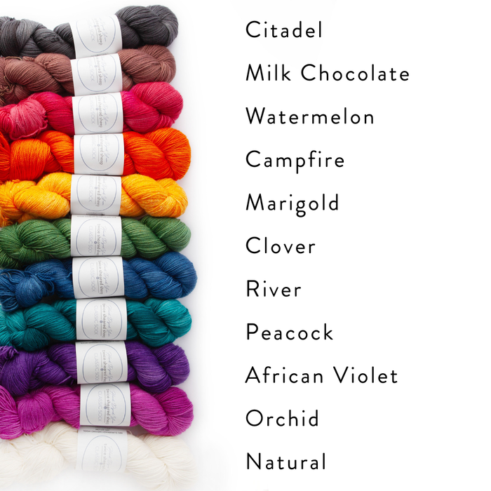 Eleven skeins of TSS Classic Sock hand-dyed fingering weight yarn stacked horizontally with colorway names labeled: Citadel, Milk Chocolate, Watermelon, Campfire, Marigold, Clover, River, Peacock, African Violet, Orchid, and Natural