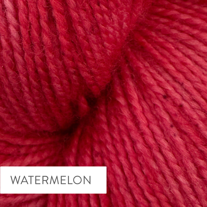 Close-up of TSS Classic Sock yarn in Watermelon colorway showing the hand-dyed pink and coral tones with subtle color variation