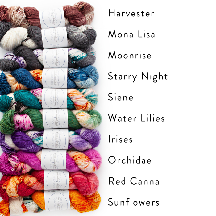 Ten skeins of TSS Classic Sock Paints yarn lined up in a row with colorway names listed: Harvester, Mona Lisa, Moonrise, Starry Night, Seine, Water Lilies, Irises, Orchidae, Red Canna, and Sunflowers