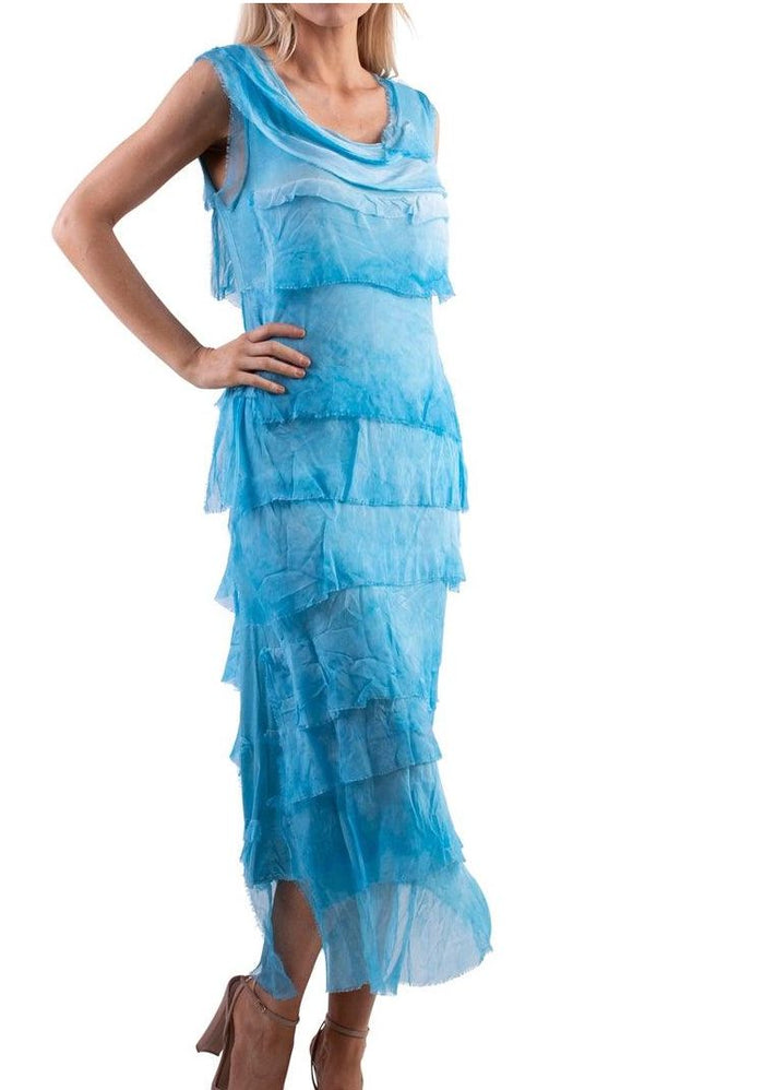 Turquoise Tiered Silk Maxi Dress - DGG2-TQ