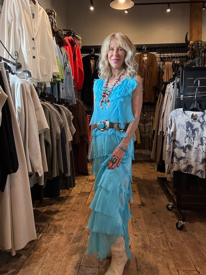 Turquoise Tiered Silk Maxi Dress - DGG2-TQ