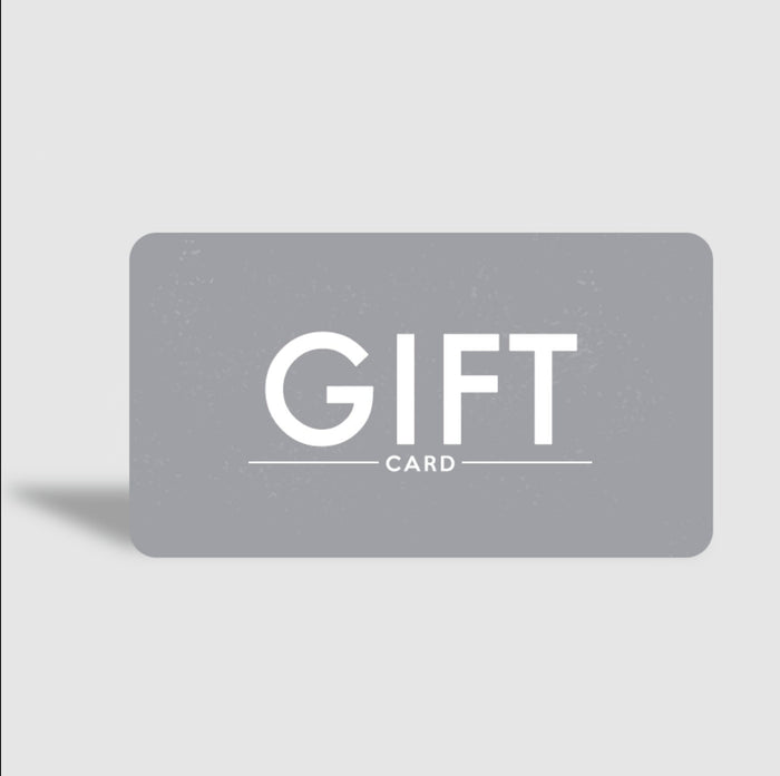 Gray digital gift card with white GIFT CARD text on light background