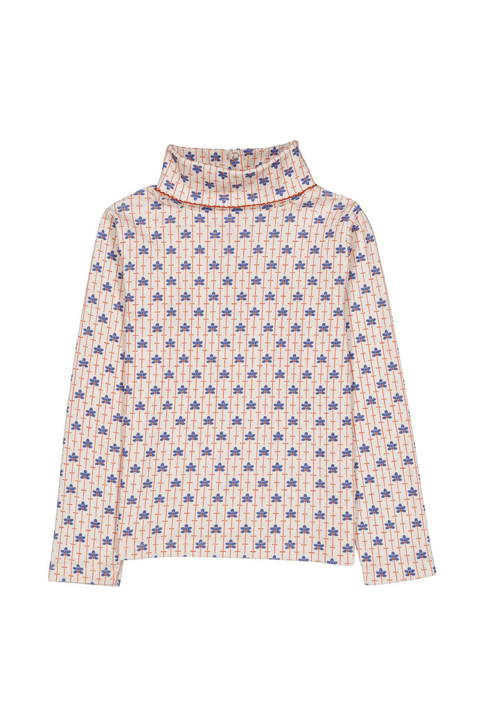 A long-sleeve mock neck top with a beige and white striped base and a repeating blue floral pattern, displayed flat against a white background.