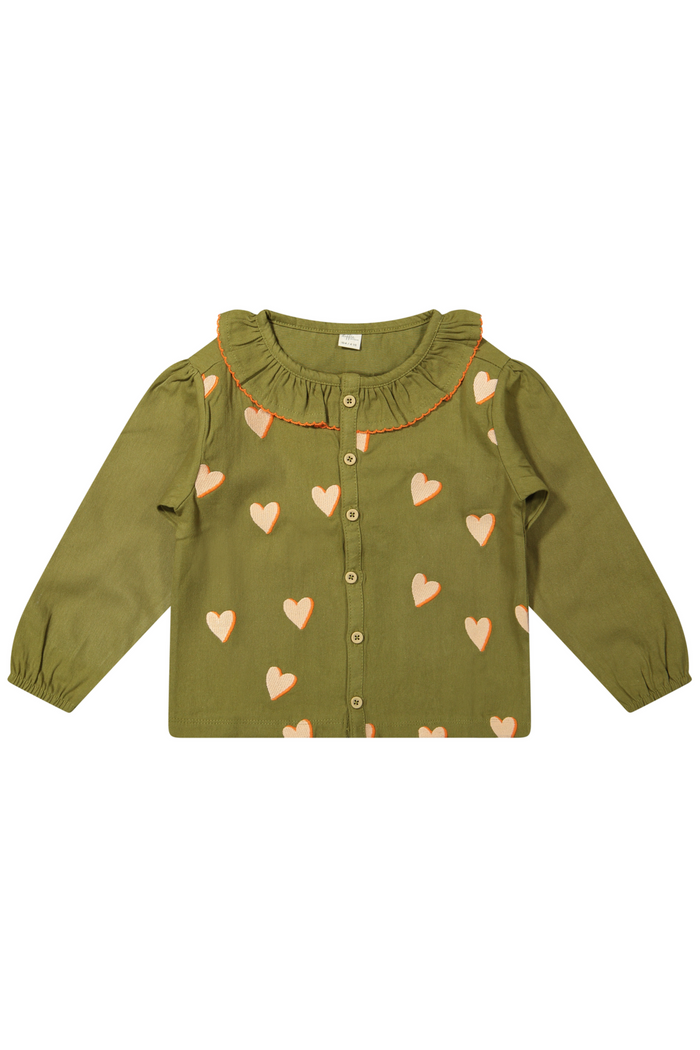 Green long-sleeve shirt with heart patterns on a white background