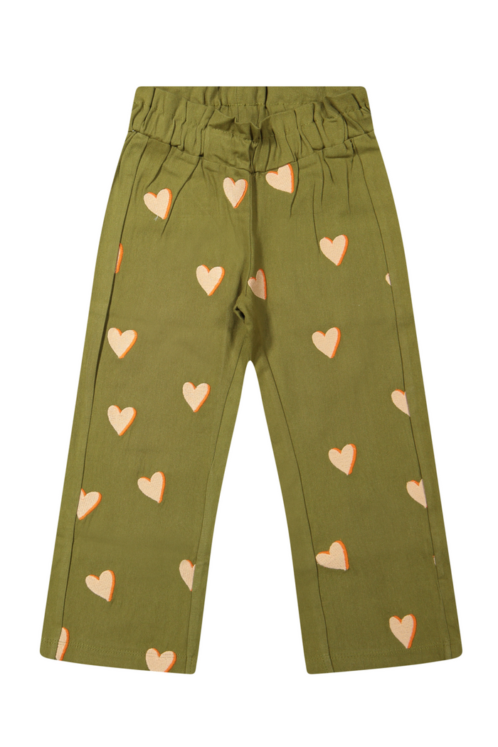 Green pants with heart patterns on a white background
