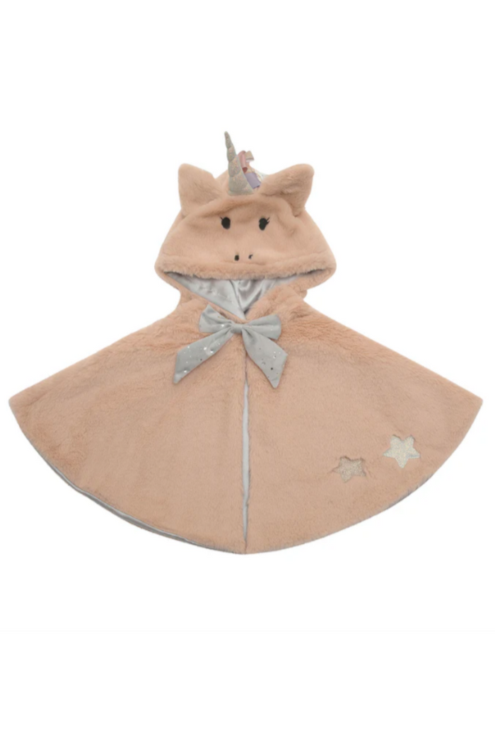 Children's hooded cape with unicorn design on a white background