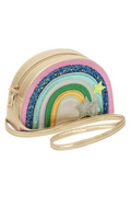 A gold faux-leather half moon shoulder bag featuring a colorful glitter rainbow design with pink, blue, green, yellow, and orange stripes, a glittery star, and a matching gold strap on a white background.