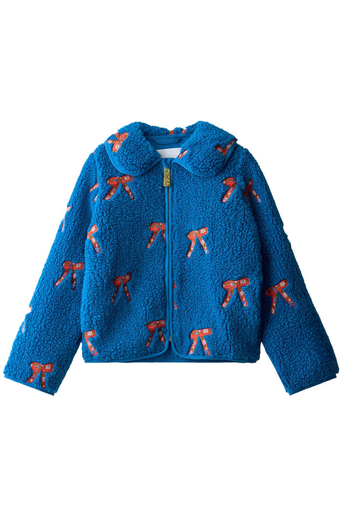 Blue children's jacket with red bow patterns on a white background