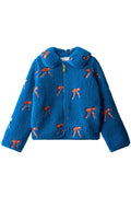 Blue children's jacket with red bow patterns on a white background