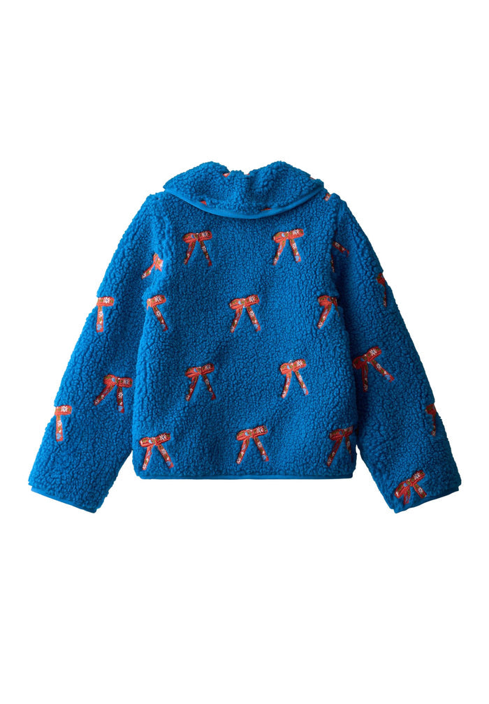 Blue jacket with red patterns on a white background