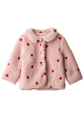 Pink children's coat with red heart patterns on a white background