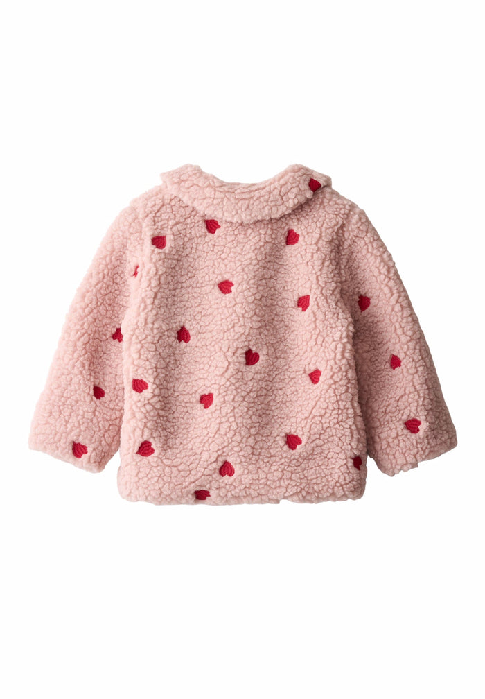 Pink fleece jacket with red heart patterns on a white background