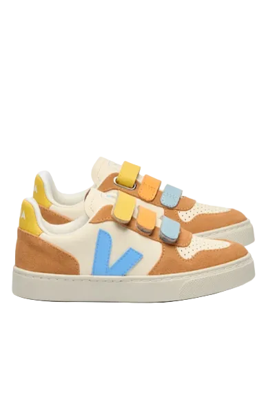 Colorful children's sneakers with velcro straps on a white background