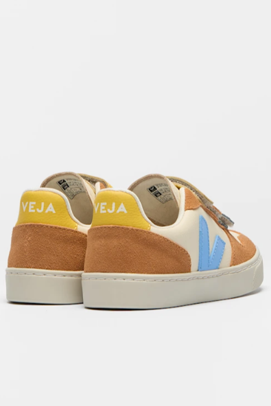 Pair of multicolored sneakers with 'Veja' branding on a white background
