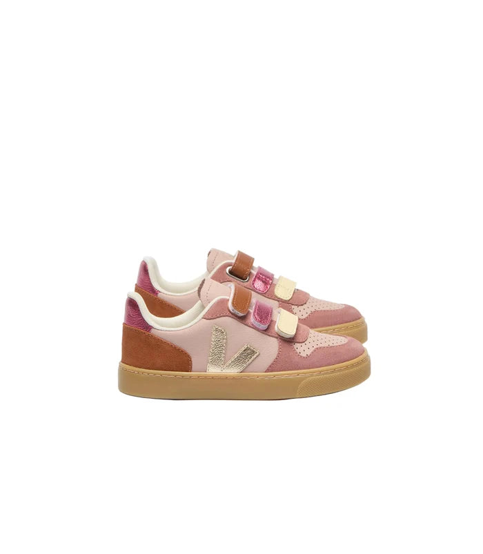 Pair of children's sneakers with pink, brown, and gold accents on a white background