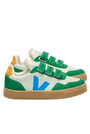Green and white sneakers with a blue logo on a white background