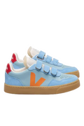 Pair of blue children's sneakers with orange logo on a white background