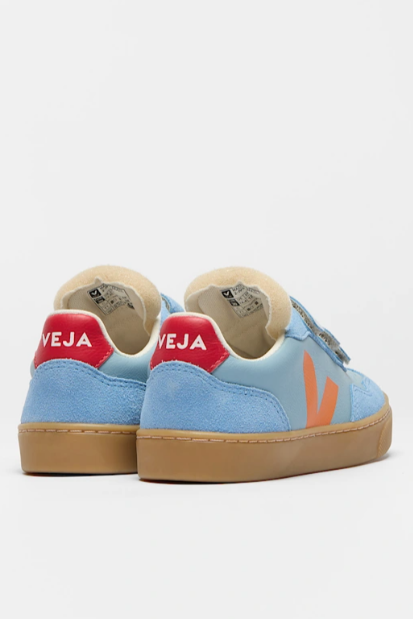 Pair of blue sneakers with red Veja logo on a white background