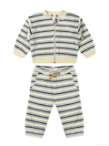 A two-piece baby outfit set featuring a long-sleeve zip-up jacket and matching jogger pants, both with horizontal stripes in cream, light blue, and dark brown, with cream ribbed trim and a beige drawstring.