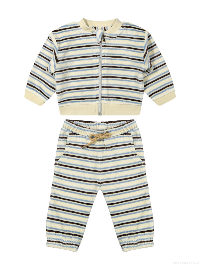 A two-piece baby outfit set featuring a long-sleeve zip-up jacket and matching jogger pants, both with horizontal stripes in cream, light blue, and dark brown, with cream ribbed trim and a beige drawstring.