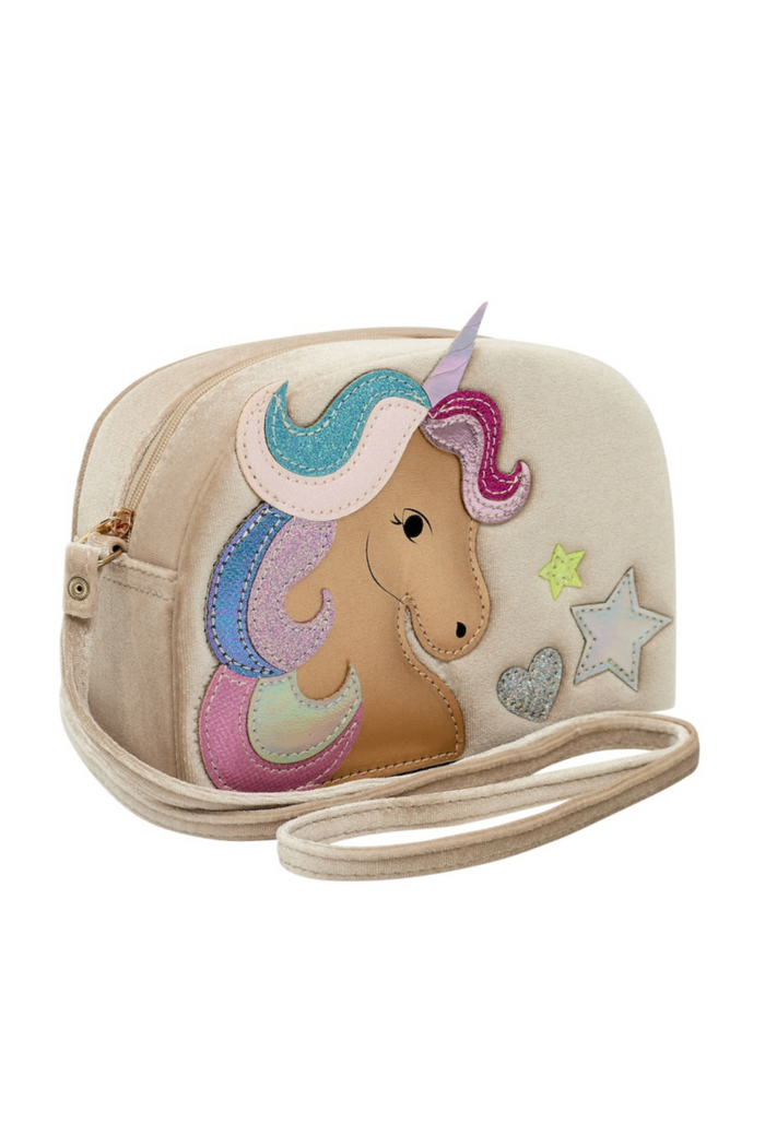 A cream-colored crossbody bag featuring a colorful applique unicorn head with a pastel rainbow mane and a silver glitter star on the front, shown against a plain white background.