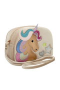 A cream-colored crossbody bag featuring a colorful applique unicorn head with a pastel rainbow mane and a silver glitter star on the front, shown against a plain white background.