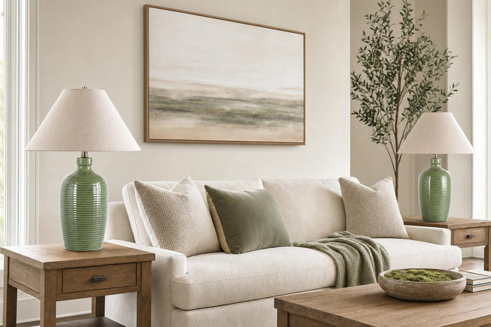 "Verdant Elegance" Ceramic Table Lamp (Set of 2) - Sage Green / Asb