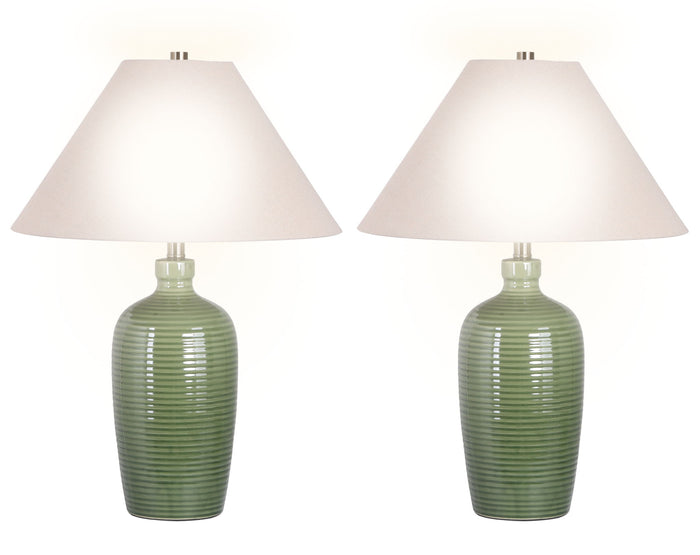 "Verdant Elegance" Ceramic Table Lamp (Set of 2) - Sage Green / Asb