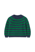 Green and navy striped sweater on a white gray background