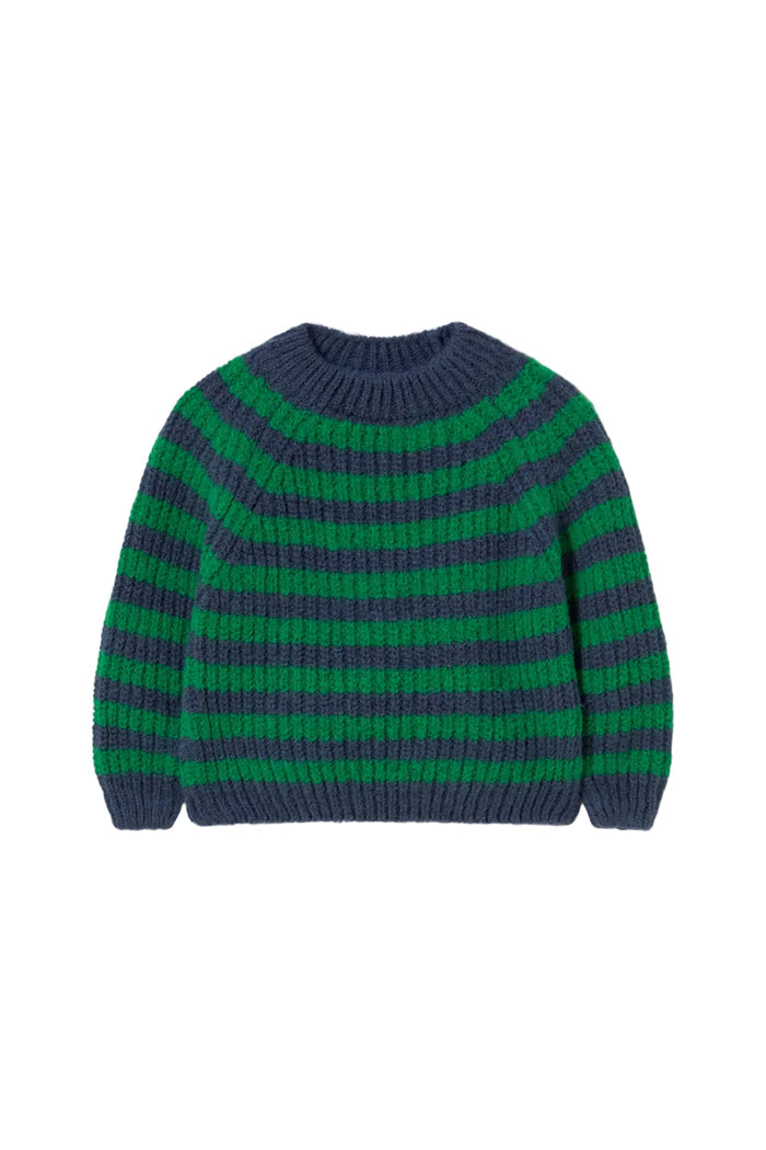 Green and navy striped sweater on a white gray background
