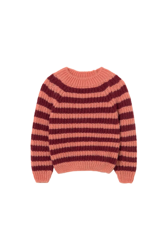 Pink and maroon striped sweater on a white background