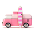 Pink toy car with a striped surfboard on a white background