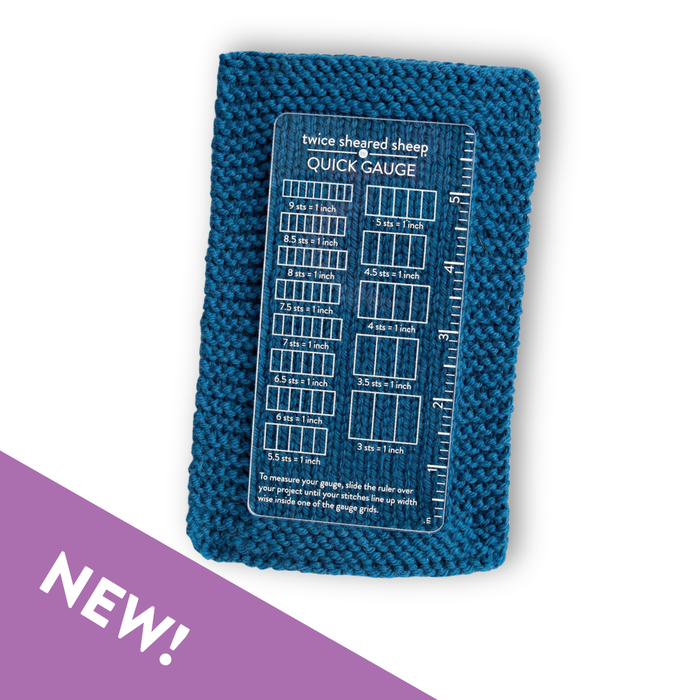 Blue knitted gauge swatch with a quick gauge chart on a white background
