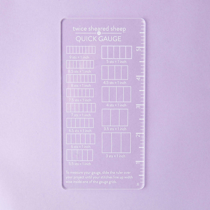 White Quick Gauge Ruler in branded Twice Sheared Sheep retail packaging showing the white acrylic gauge ruler with knitting needle and crochet hook sizing slots
