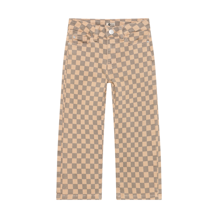 A pair of straight-leg jeans featuring a beige and gray checkerboard pattern, shown flat against a solid white background.