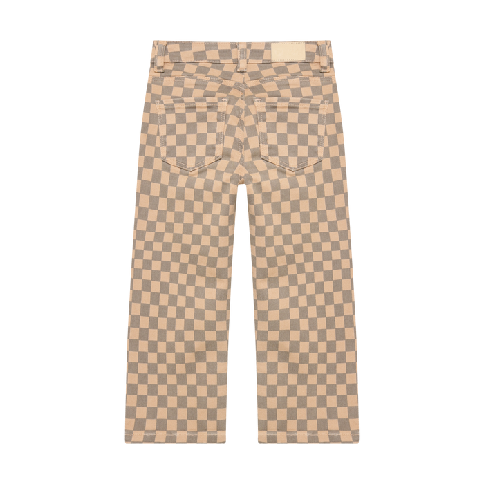 Back view of a pair of straight-leg jeans featuring a beige and gray checkerboard pattern, shown flat against a solid white background.
