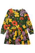 A long-sleeve children's dress with a dark green base and a colorful retro floral print featuring yellow, orange, purple, and red flowers, hearts, and rainbows, shown flat on a white background.