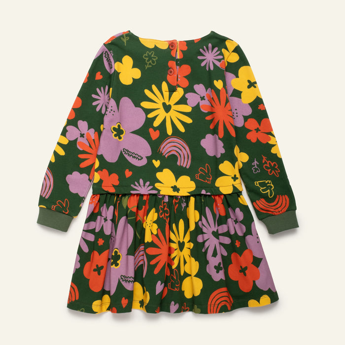 Colorful floral dress with long sleeves on a white background
