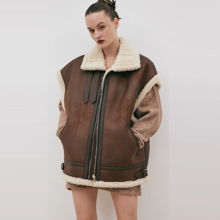 Women 2024 Chocolate Brown Sheepskin Shearling Aviator Leather Vest
