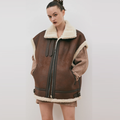 Women 2024 Chocolate Brown Sheepskin Shearling Aviator Leather Vest
