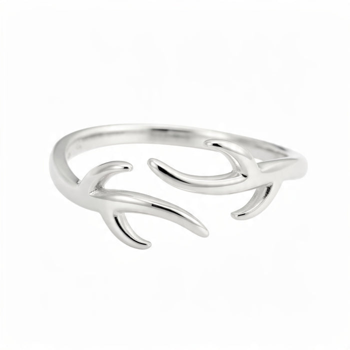 A polished sterling silver adjustable ring shaped like open antlers, centered on a pure white background with no shadows or reflections.