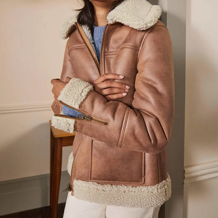 Women Best Brown Lambskin Shearling Aviator Leather Bomber Jacket