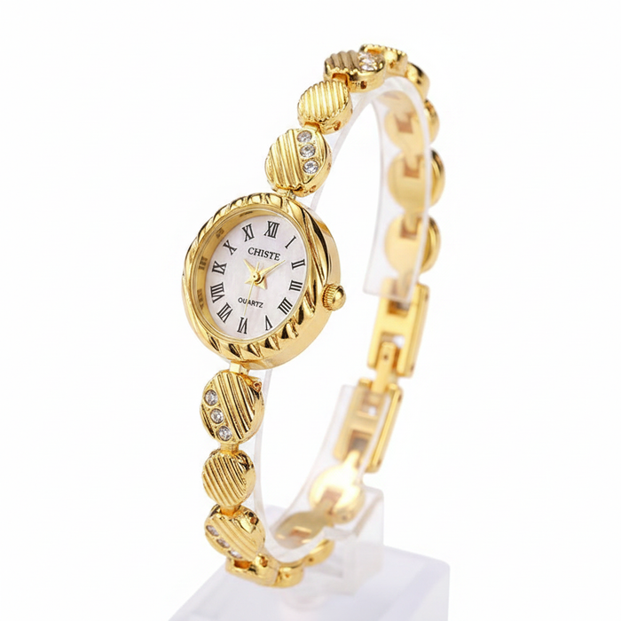 Elegant women's gold-toned bracelet watch featuring a white dial with Roman numerals and decorative crystal-studded links
