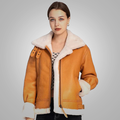 Women Brown B3 Bomber RAF Seepskin Aviator Leather White Fur Coat