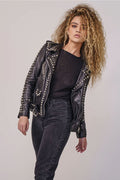 Women Lambskin Black Motorcycle Style Silver Spiked Studded Leather Biker jacket