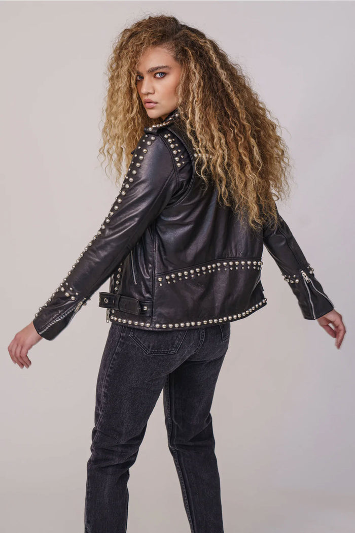 Women Lambskin Black Motorcycle Style Silver Spiked Studded Leather Biker jacket