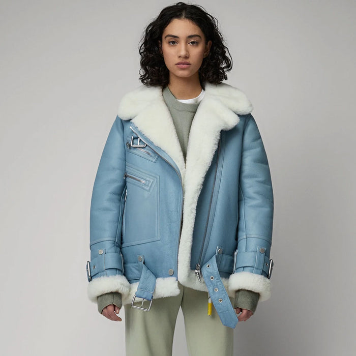 Women Light Blue Aviator B3 RAF Styled Lambskin Shearling Leather Jacket