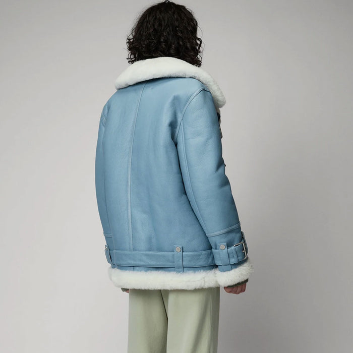 Women Light Blue Aviator B3 RAF Styled Lambskin Shearling Leather Jacket