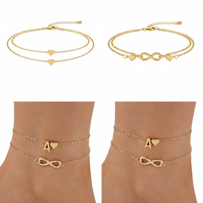 A double-layered 18k gold-dipped anklet featuring a personalized initial charm and structural infinity symbol, crafted from tarnish-resistant titanium steel for a luxury editorial aesthetic.