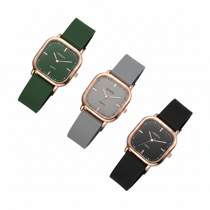 A curated trio of rose gold-toned square watches featuring matte dials in forest green, slate grey, and obsidian black, paired with matching high-grade silicone straps for a modern, neo-minimalist editorial look.